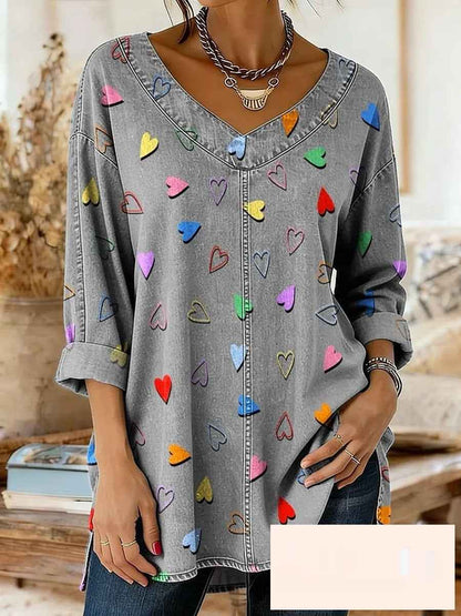 Retro Botanical Print Relaxed-fit Long-sleeve Casual Top - VEX CLUB HOUSE