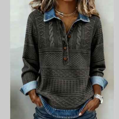 Womens Retro Printed Stand Collar Long-Sleeve Top - VEX CLUB HOUSE