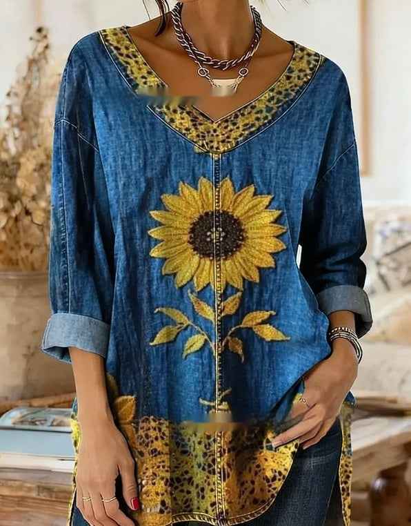 Retro Botanical Print Relaxed-fit Long-sleeve Casual Top - VEX CLUB HOUSE