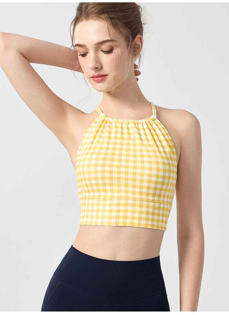 Womens Polka-Dot Plaid Printed Halterneck Tank Top With Cross-Over Design - VEX CLUB HOUSE
