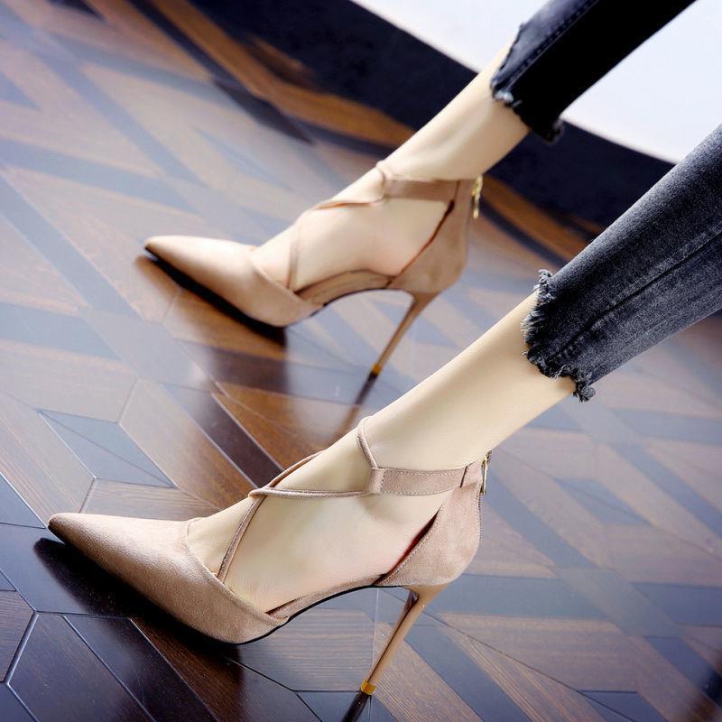 High Heels Sexy Apricot Comely French Black Suede Ladies - VEX CLUB HOUSE