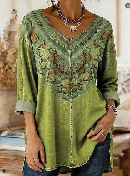 Retro Botanical Print Relaxed-fit Long-sleeve Casual Top - VEX CLUB HOUSE