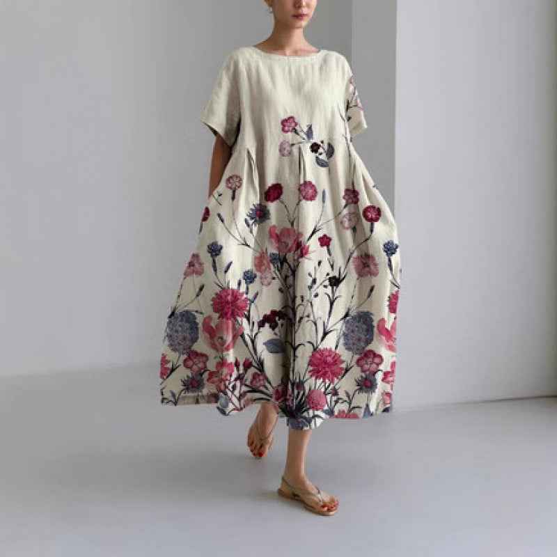 Women's Loose Round Neck Fashion Premium Short Sleeve Printed Dress - VEX CLUB HOUSE