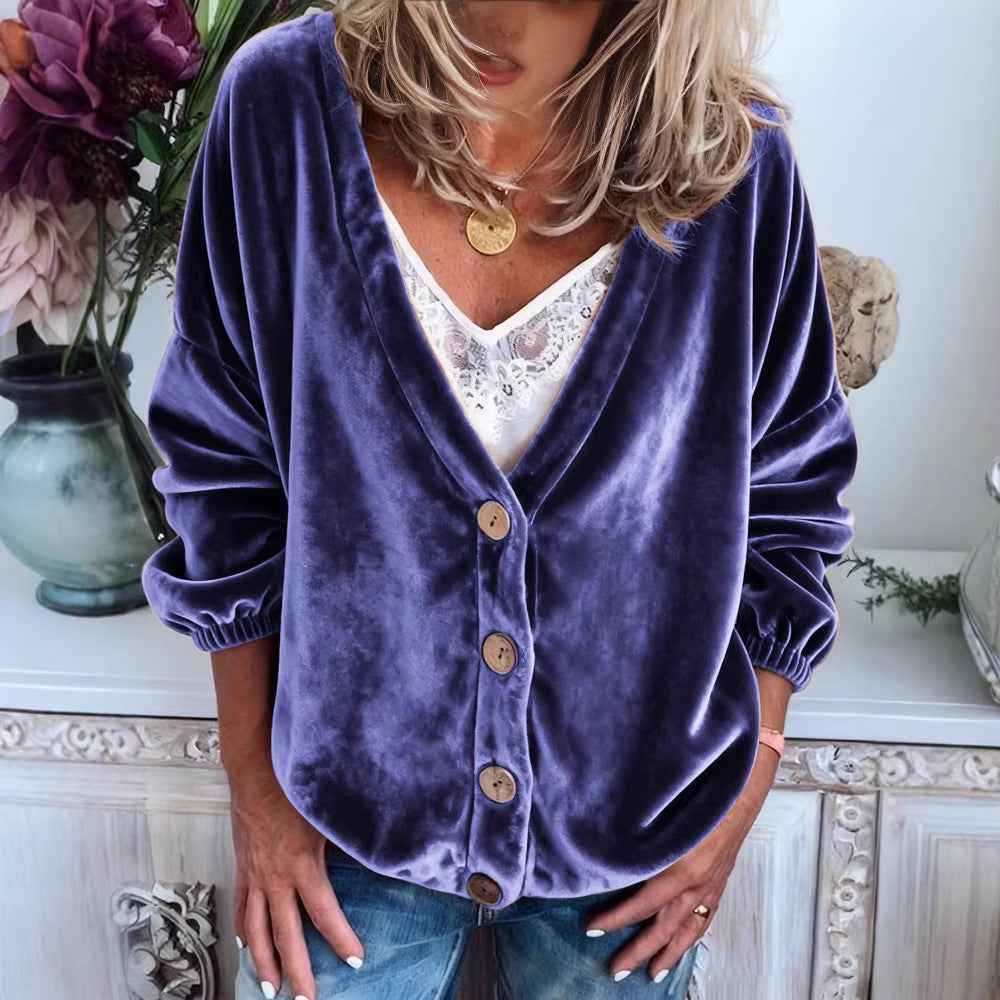 Womens Casual V-neck Long-sleeve Solid-color Cardigan Top - VEX CLUB HOUSE