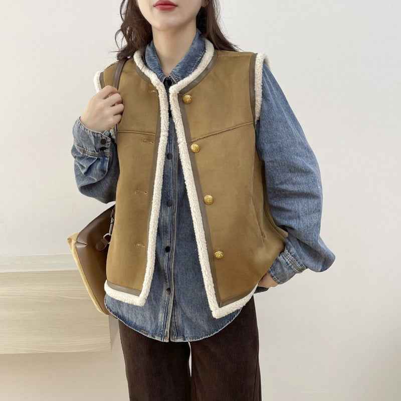 Retro Crew Neck Short Leather And Fur Vest - VEX CLUB HOUSE