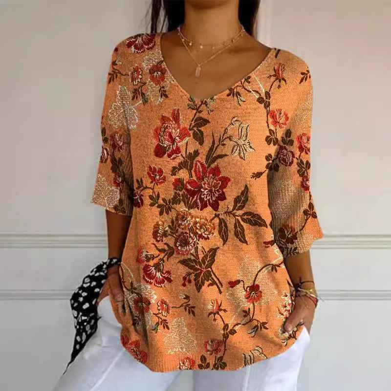 Elegant Retro Womens Casual Floral Print V-Neck Long-Sleeve Top - VEX CLUB HOUSE