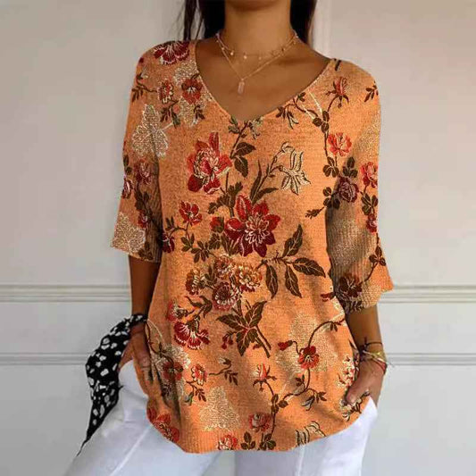 Elegant Retro Womens Casual Floral Print V-Neck Long-Sleeve Top - VEX CLUB HOUSE