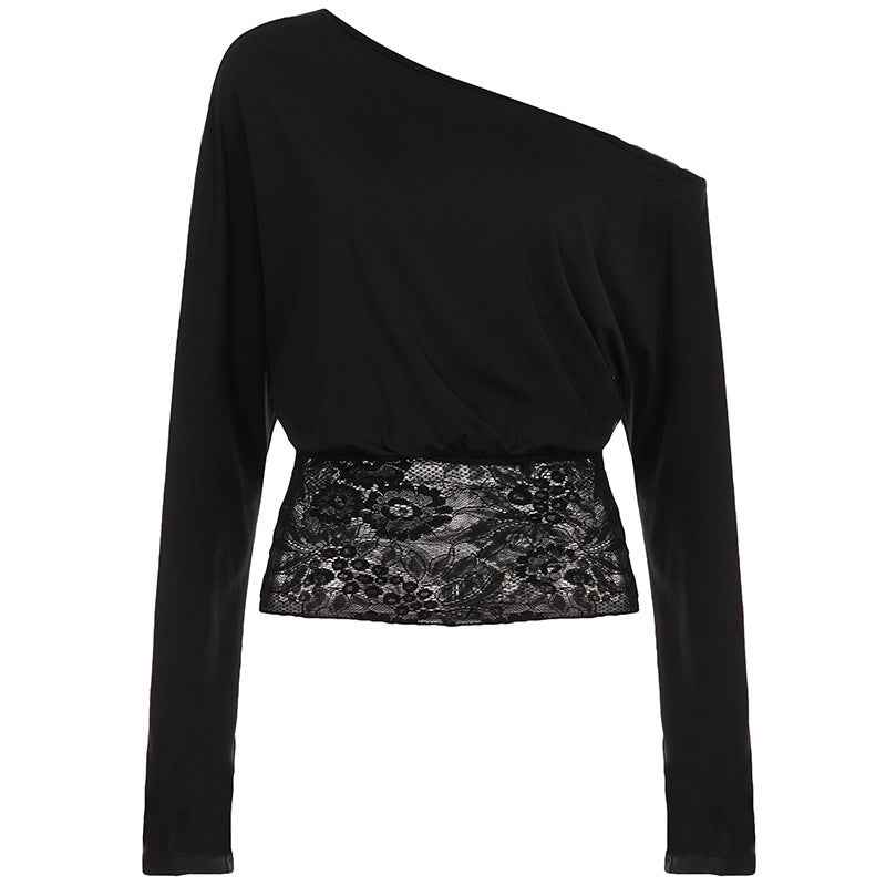 Womens Sexy Off-Shoulder Cropped Top With Hollowed-Out Lace Panels - VEX CLUB HOUSE