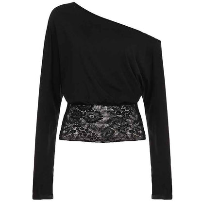 Womens Sexy Off-Shoulder Cropped Top With Hollowed-Out Lace Panels - VEX CLUB HOUSE