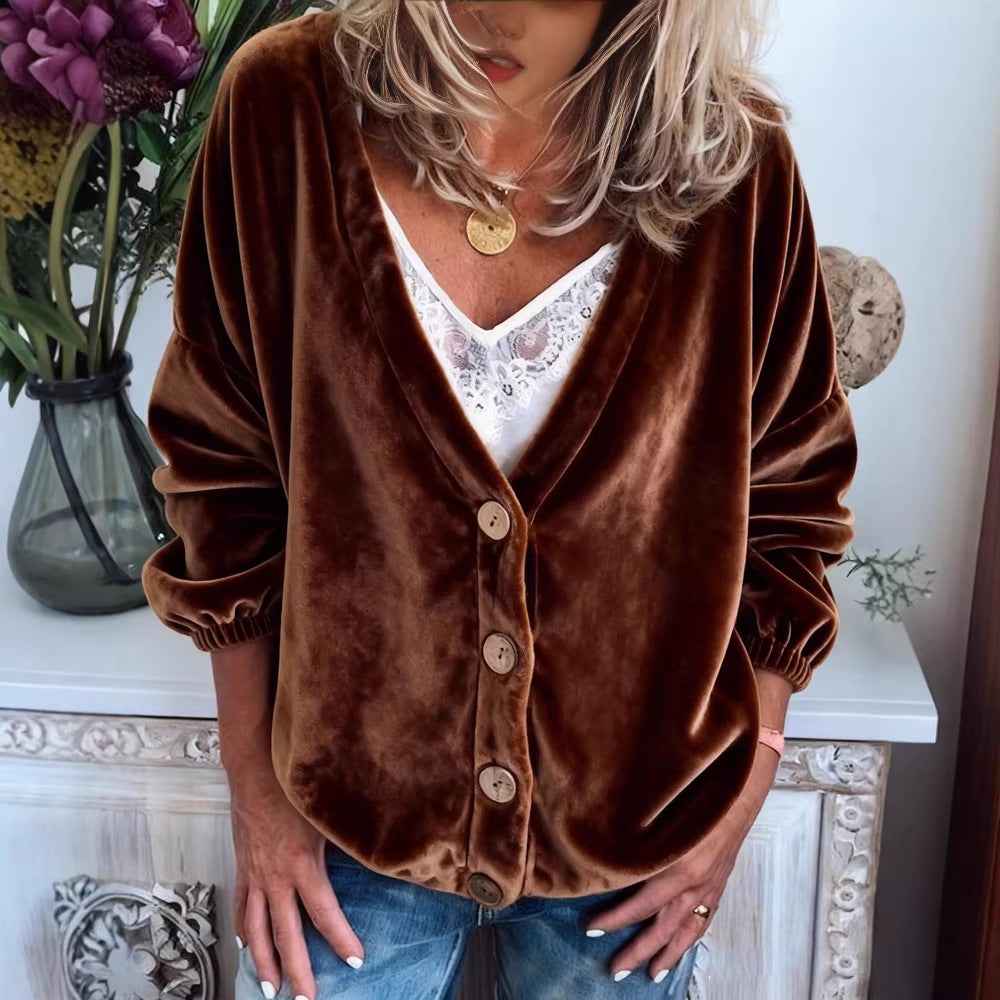 Womens Casual V-neck Long-sleeve Solid-color Cardigan Top - VEX CLUB HOUSE