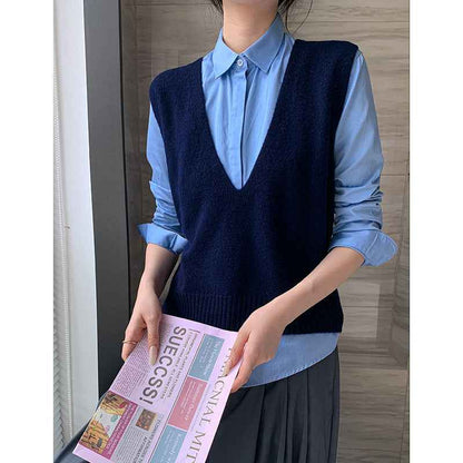 Elegant Deep V-neck Pure Wool Versatile Layered Knit Vest - VEX CLUB HOUSE