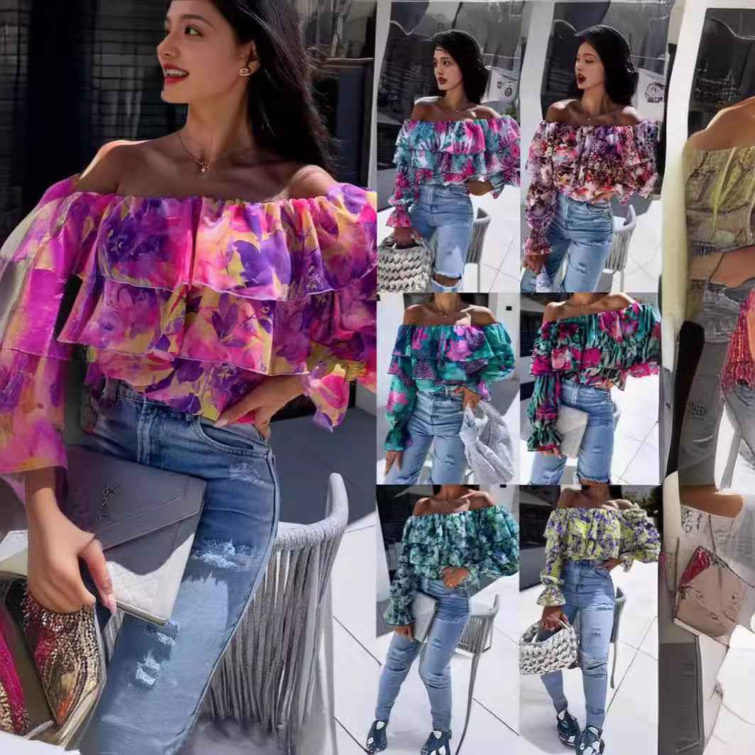 Fashionable Off-shoulder Print Blouse With A Boat Neckline - VEX CLUB HOUSE
