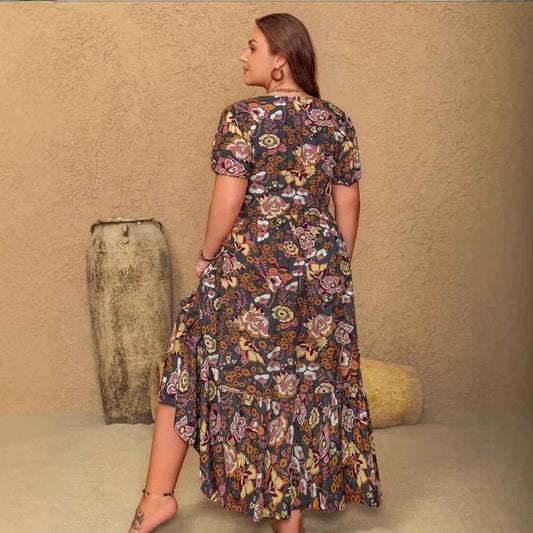 Womens Plus-Size Bohemian V-Neck Printed Short-Sleeve Dress - VEX CLUB HOUSE