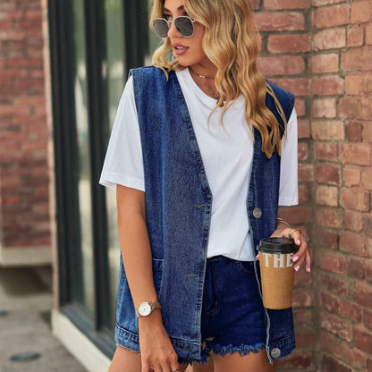 Womens Denim Vest Sleeveless Waistcoat Top - VEX CLUB HOUSE