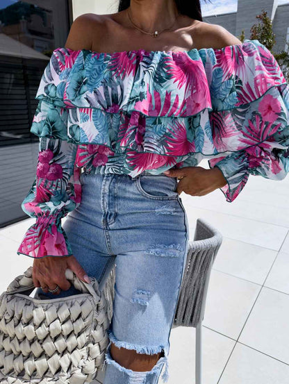 Fashionable Off-shoulder Print Blouse With A Boat Neckline - VEX CLUB HOUSE