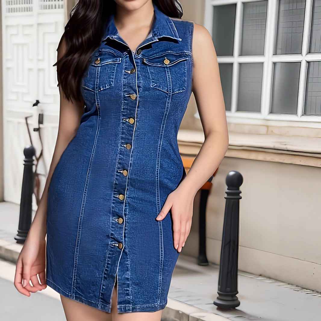 Womens Stylish Lapel-neck Sleeveless Shirt Dress - VEX CLUB HOUSE