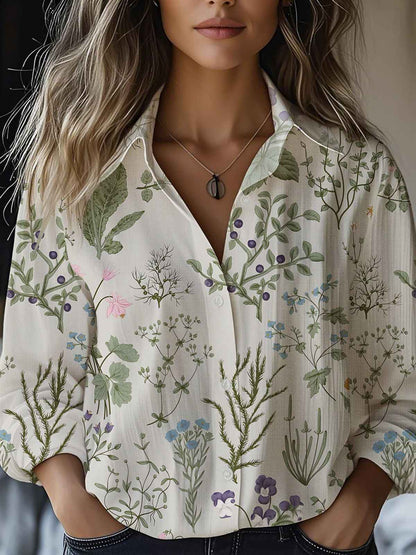 Floral-print Long-sleeve Shirt Delicate Linen Casual Blouse - VEX CLUB HOUSE