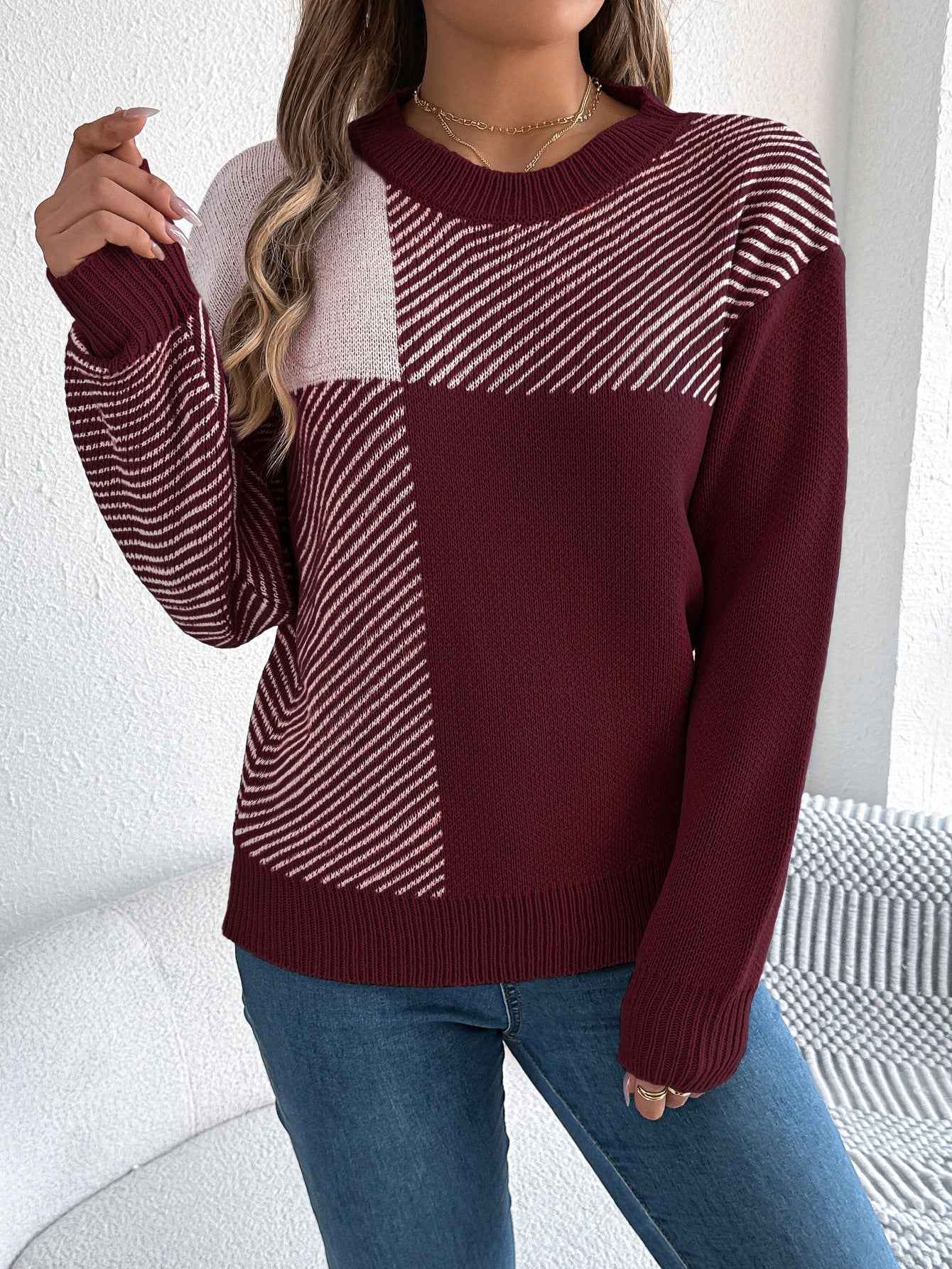 Casual Color-Block Plaid Long-Sleeve Pullover Sweater - VEX CLUB HOUSE