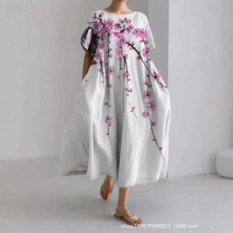 Women's Loose Round Neck Fashion Premium Short Sleeve Printed Dress - VEX CLUB HOUSE