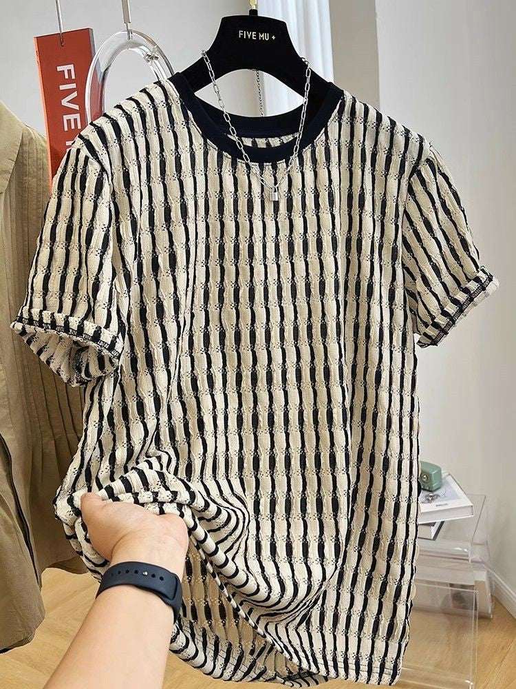 Men's Casual Loose Textile Short Sleeve Stripes - VEX CLUB HOUSE