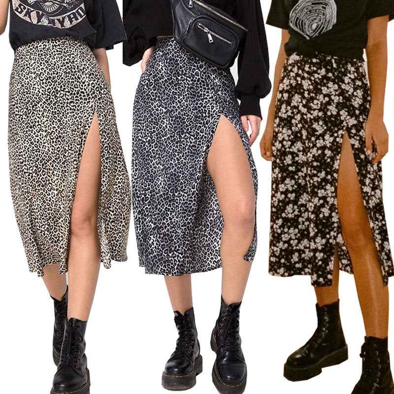 European And American Leopard Print Long Skirt High Waist Slit Hip Skirt - VEX CLUB HOUSE