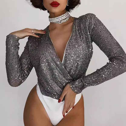 Fashionable And Sexy Beaded Long-sleeve V-neck Bodysuit - VEX CLUB HOUSE