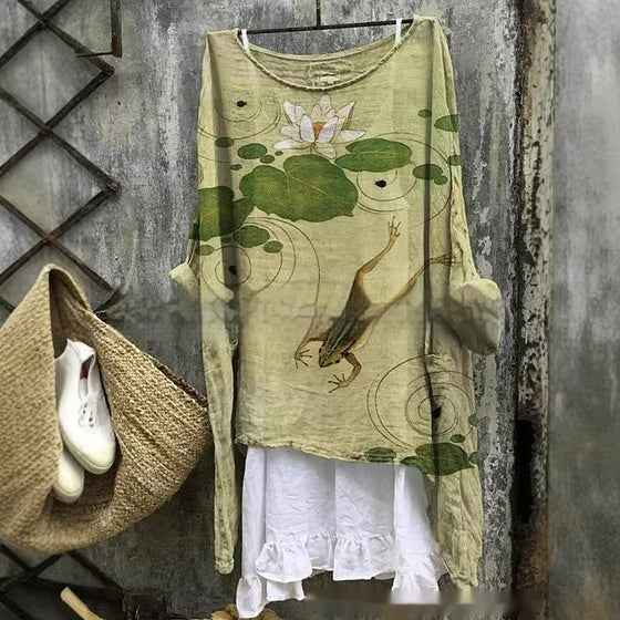 Womens Embroidered Loose Linen Top With Long Sleeves - VEX CLUB HOUSE