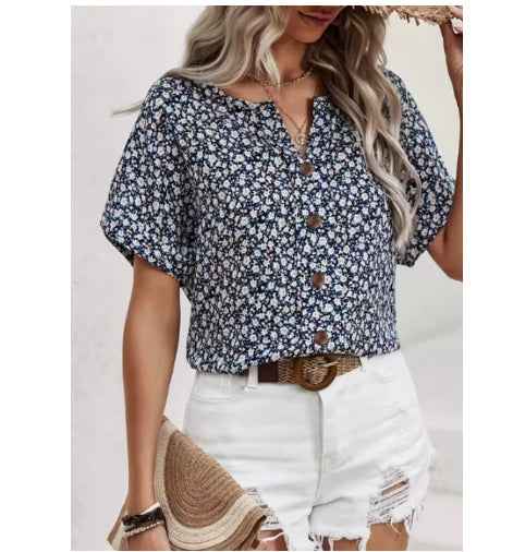Womens Casual Plant-Print Jacquard Collar Short-Sleeve T-Shirt - VEX CLUB HOUSE
