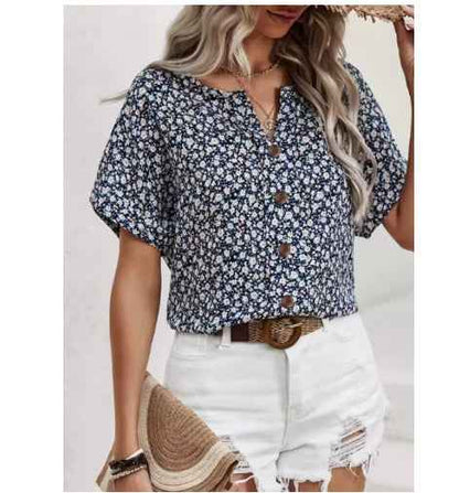 Womens Casual Plant-Print Jacquard Collar Short-Sleeve T-Shirt - VEX CLUB HOUSE