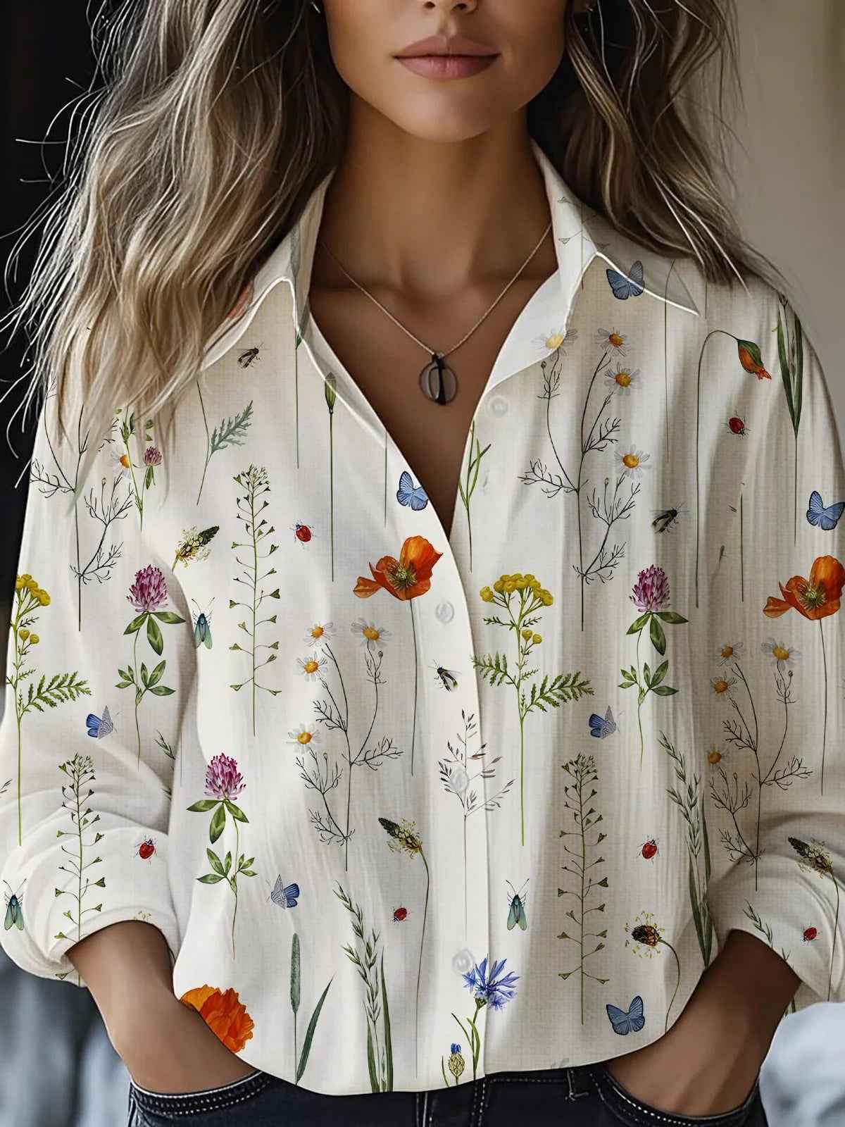 Floral-print Long-sleeve Shirt Delicate Linen Casual Blouse - VEX CLUB HOUSE