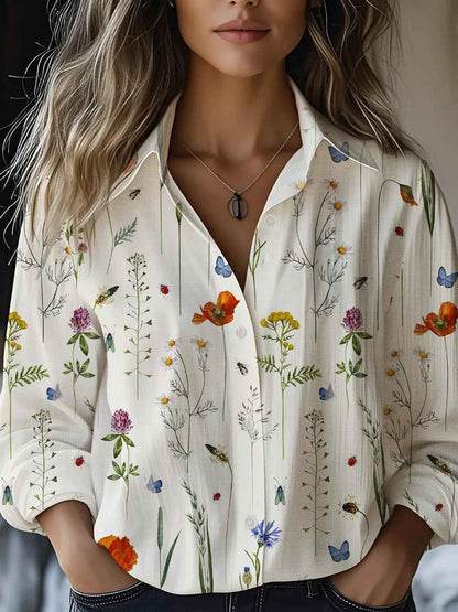 Floral-print Long-sleeve Shirt Delicate Linen Casual Blouse - VEX CLUB HOUSE