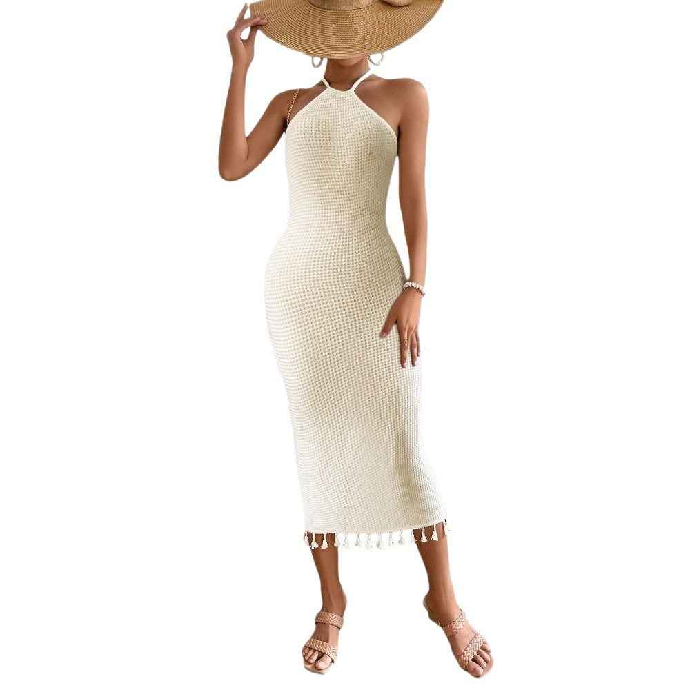 Womens Solid-Color Fashion Tassel Halterneck Lace-Up Dress - VEX CLUB HOUSE