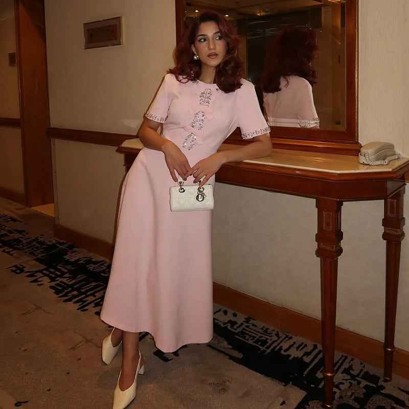 New Stylish Long Dress With A Round Neckline Bow Detail And Patchwork Design - VEX CLUB HOUSE