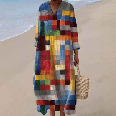 Retro V-neck Bohemian-print Loose-fitting Dress - VEX CLUB HOUSE