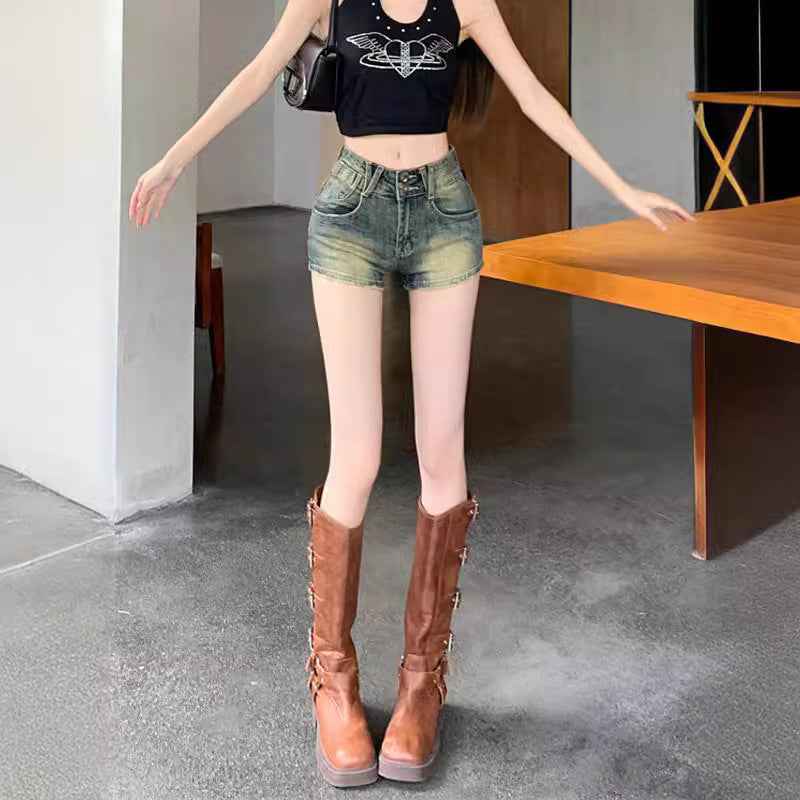 Yellow-ochre Vintage Spicy Girl Denim Shorts For Women Summer Style - VEX CLUB HOUSE