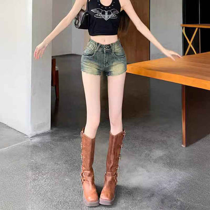 Yellow-ochre Vintage Spicy Girl Denim Shorts For Women Summer Style - VEX CLUB HOUSE