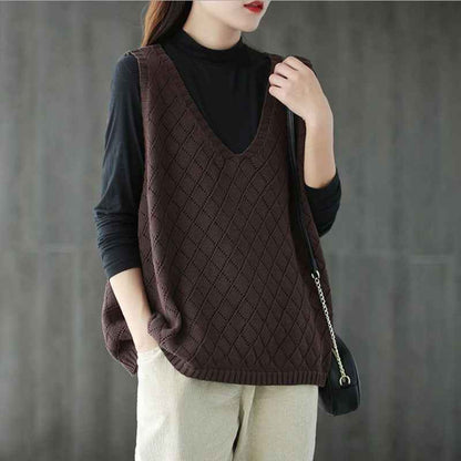 Womens Retro Loose-Neck Hollow-Out Knitted Vest - VEX CLUB HOUSE
