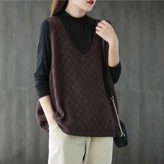 Womens Retro Loose-Neck Hollow-Out Knitted Vest - VEX CLUB HOUSE