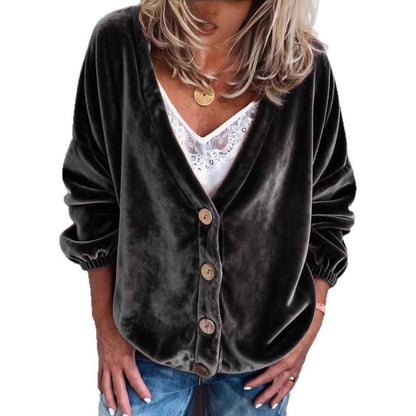 Womens Casual V-neck Long-sleeve Solid-color Cardigan Top - VEX CLUB HOUSE