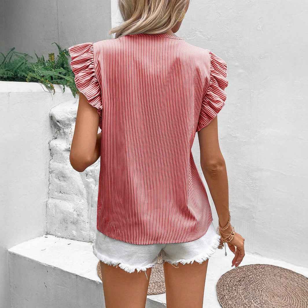 Loose Striped Top With French-Style Strap And Ruffle Sleeves - VEX CLUB HOUSE