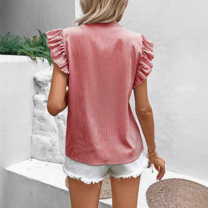 Loose Striped Top With French-Style Strap And Ruffle Sleeves - VEX CLUB HOUSE