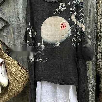Womens Embroidered Loose Linen Top With Long Sleeves - VEX CLUB HOUSE