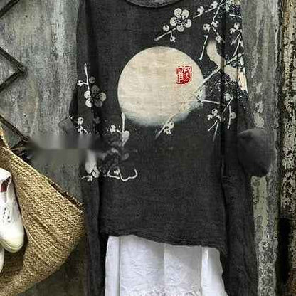 Womens Embroidered Loose Linen Top With Long Sleeves - VEX CLUB HOUSE