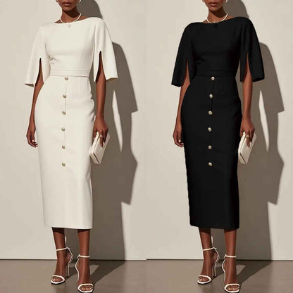 Summer Solid-Color Crew-Neck Defined-Waist Dress With Slit And Buttons - VEX CLUB HOUSE