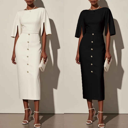 Summer Solid-Color Crew-Neck Defined-Waist Dress With Slit And Buttons - VEX CLUB HOUSE