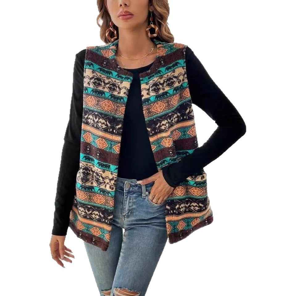 Women's Printed Double-sided Plush Buttonless Cardigan - VEX CLUB HOUSE