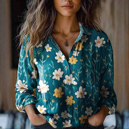 Floral-print Long-sleeve Shirt Delicate Linen Casual Blouse - VEX CLUB HOUSE