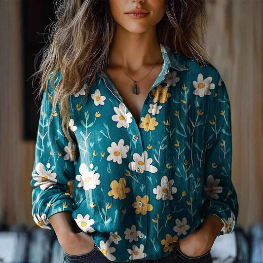 Floral-print Long-sleeve Shirt Delicate Linen Casual Blouse - VEX CLUB HOUSE