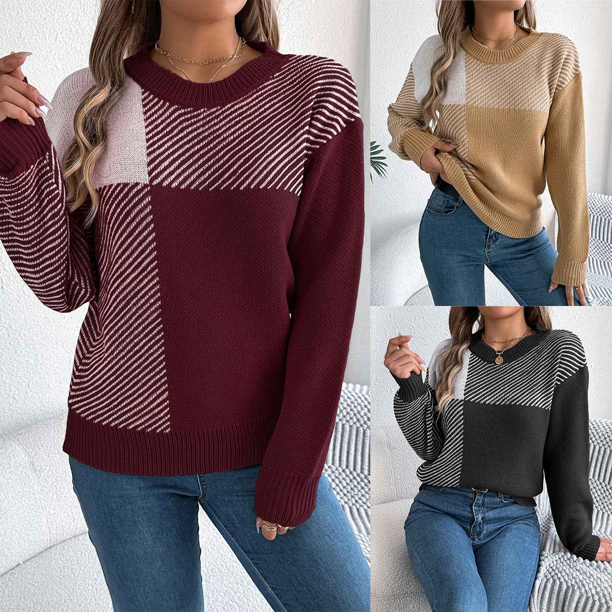 Casual Color-Block Plaid Long-Sleeve Pullover Sweater - VEX CLUB HOUSE