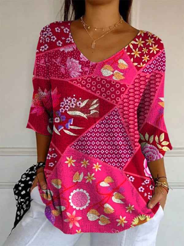 Elegant Retro Womens Casual Floral Print V-Neck Long-Sleeve Top - VEX CLUB HOUSE